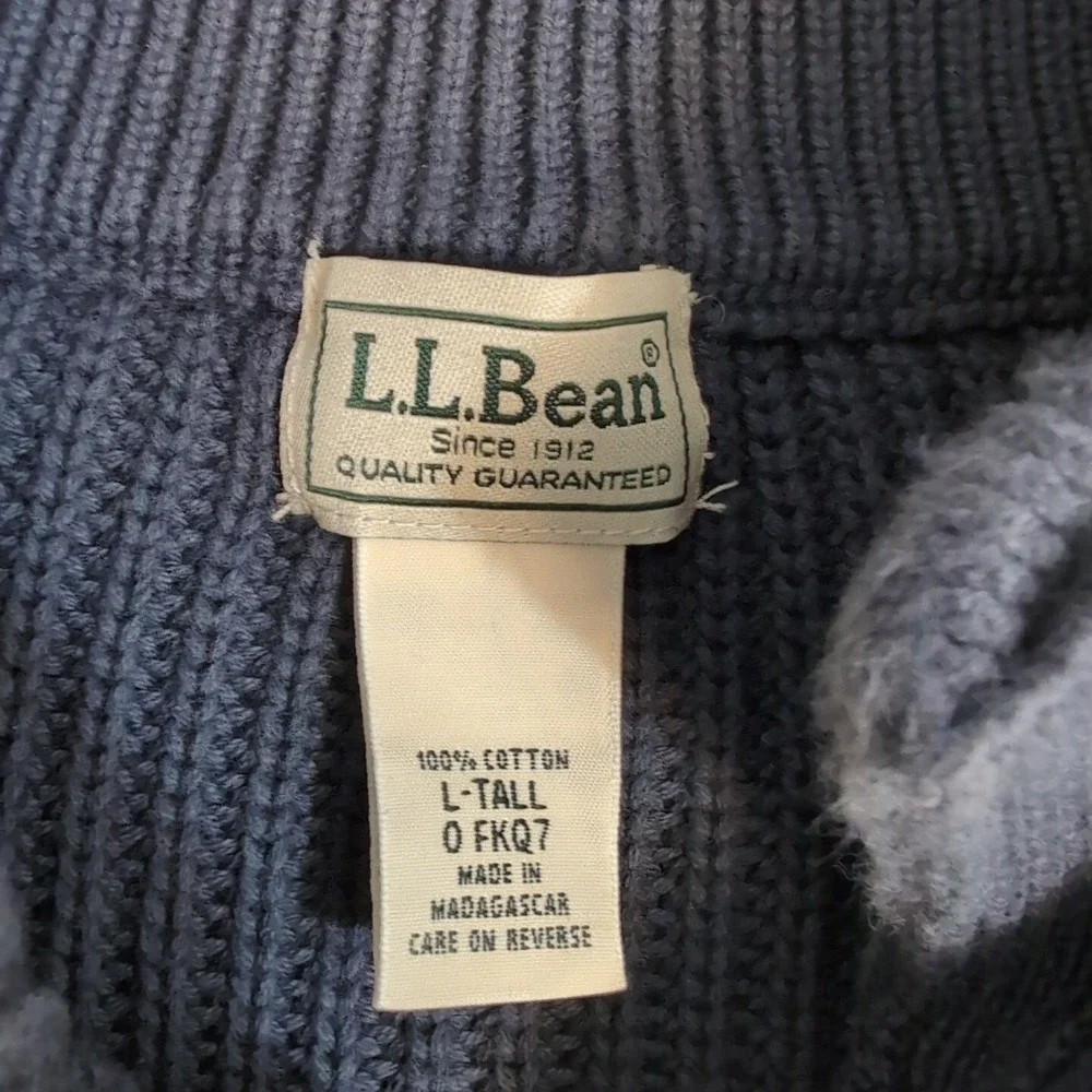 LL Bean Blue 1/4 Button Ribbed‎ Henley Pullover Knit Sweater Mens LT Cotton Ragg
